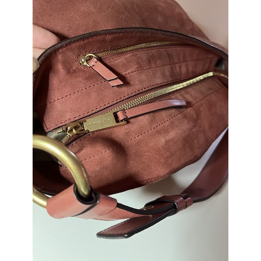 Michael Kors Brown Suede Hobo Bag Rust Color Gold Hardware Whipstitch Boho Large - Picture 5 of 13